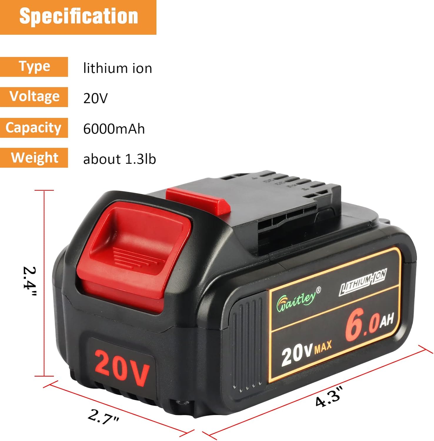 waitley 2 -Packs 20V MAX 6.0Ah DCB206 Replacement Battery Compatible with Dewalt 20V Battery DCB200 DCB203 DCB204 DCB205 DCB206 20V DCD/DCF/DCG/DCS
