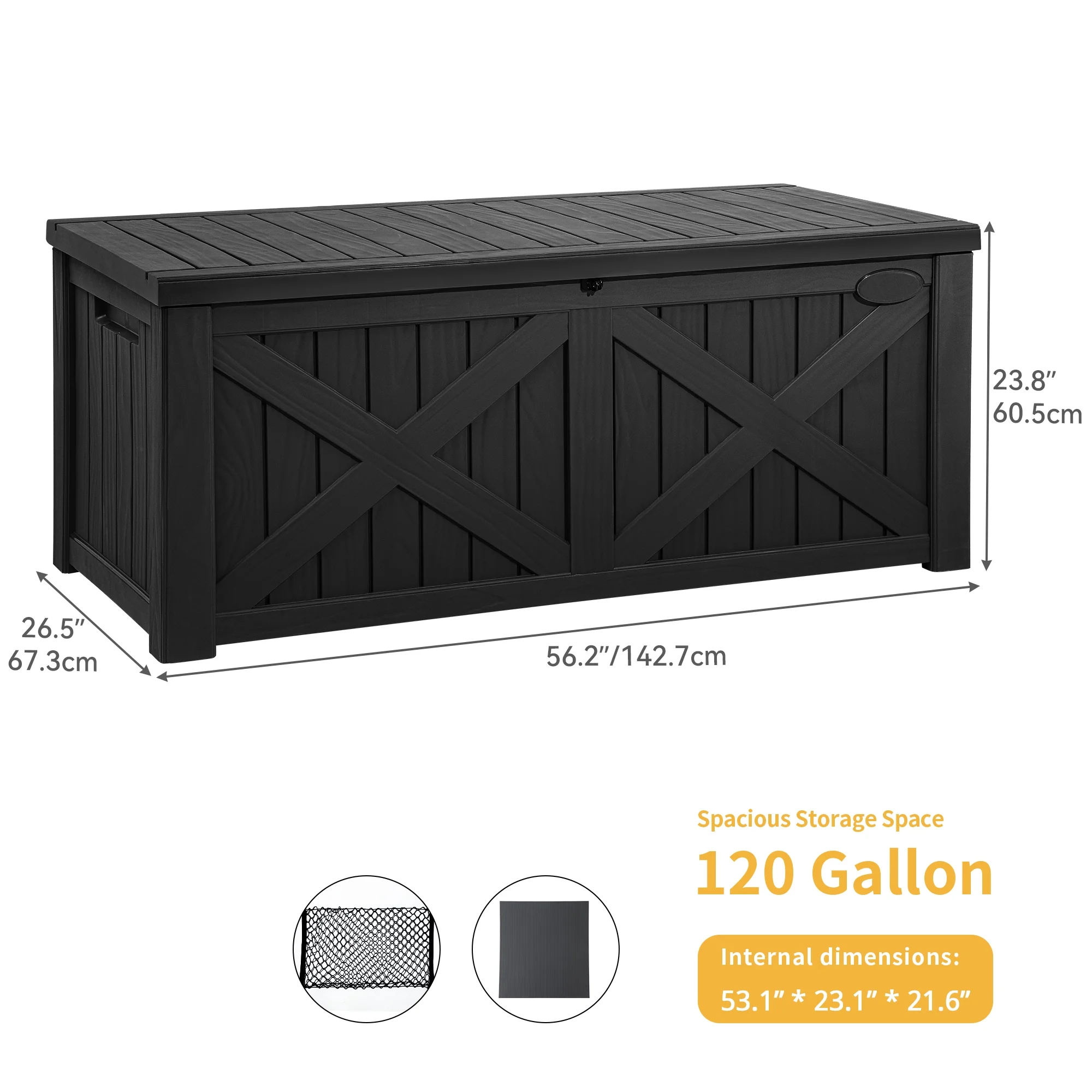 Dextrus 120 Gallon Large Patio Deck Box, Upgraded Resin Outdoor Storage Boxes w/Flexible Divider & Storage Net, Waterproof&Lockable, Black