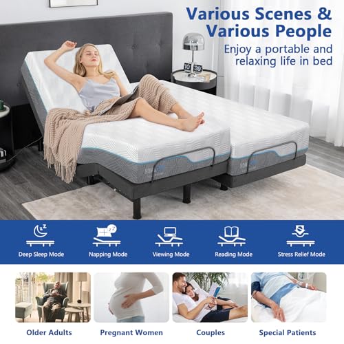 Split King Adjustable Bed Frame with Mattress, 12 Inch Grey Gel Memory Foam Medium-Firm Mattress in Box