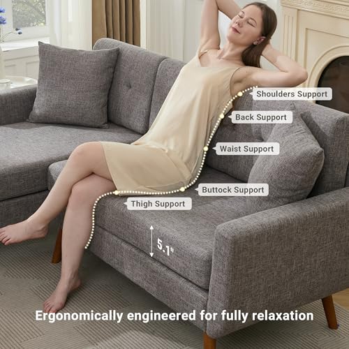 Tbfit L Shaped Couch Sofa, 80" W Mid-Century Modern Sectional Couches, 3 Seater Sofas with Wide Chaise Lounge & Two Pillows