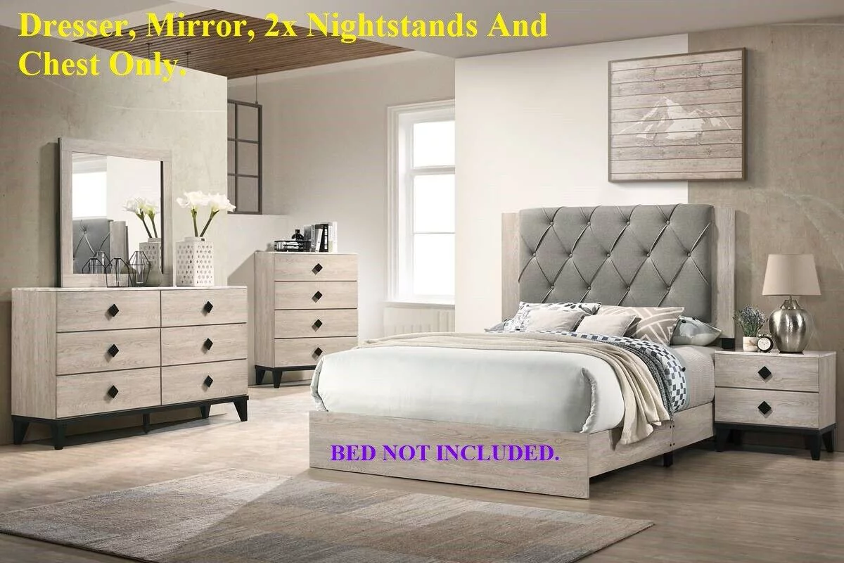 Transitional Cream Color Dresser Mirror 2x Nightstands Chest 5pc Bedroom Set Unique Handle pulls Rubberwood Veneer Furniture