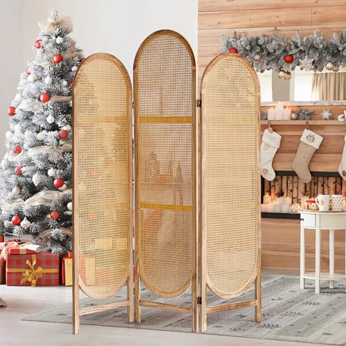 5.9 Ft Tall Hand-Woven Rattan Room Divider 3 Panels, Wood Room Divider Panel, Folding Screen Divider Wall, Wall Divider for Room Separation
