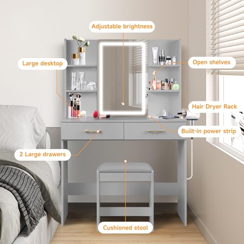Vanity Set with Lights and Stool, Vanity Desk with Mirror and Lights，Vanity Power Outlet,Vanity Desk with Drawers