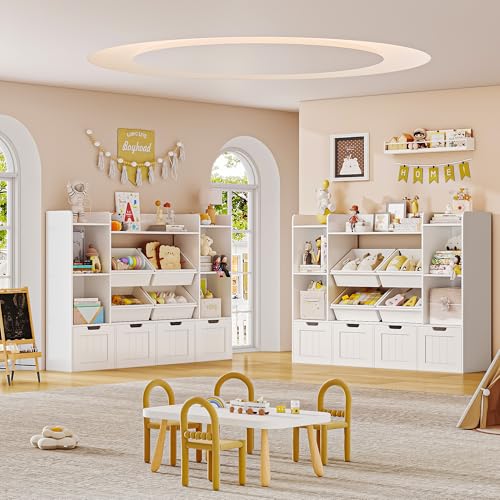 Toy Storage Organizer, Toy Organizer Kids Bookshelf with 4 Movable Drawers and 4 Box Bins, Playroom Organization and Storage for Kids Room