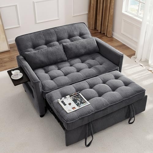 Sleeper Sofa Bed, 52‘’ Convertible Pull Out Couch with Small Table| USB Port | Side Pockets | Corduroy Fabric | Adjustable Backrest for Apartment