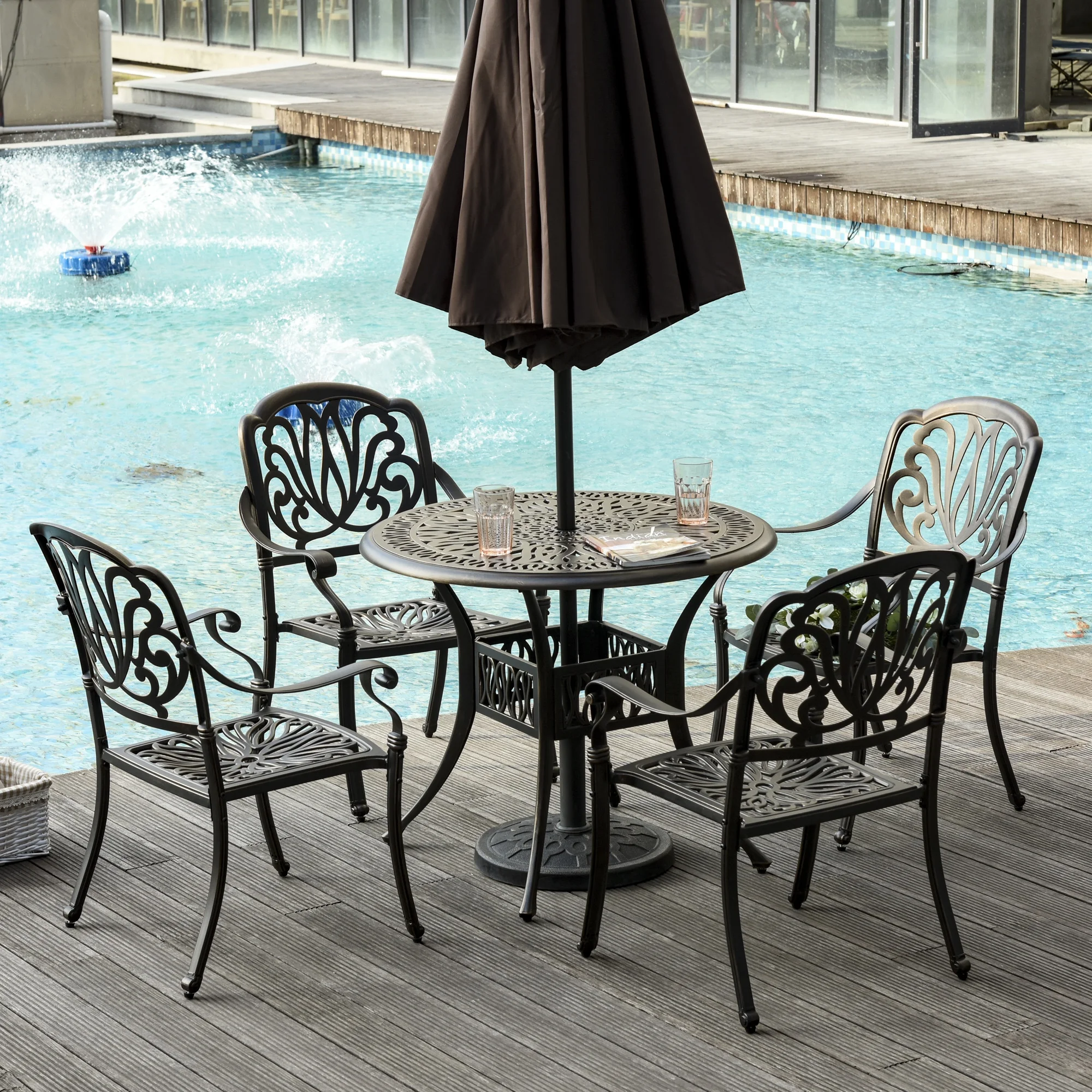 Outsunny Cast Aluminum Patio Dining Set for 4, Umbrella Hole, Bronze