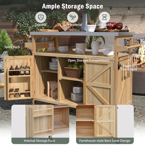 Farmhouse Kitchen Island with Power Outlet, Drop Leaf, Spice Rack and Drawer,Rolling Kitchen Cart on Wheels
