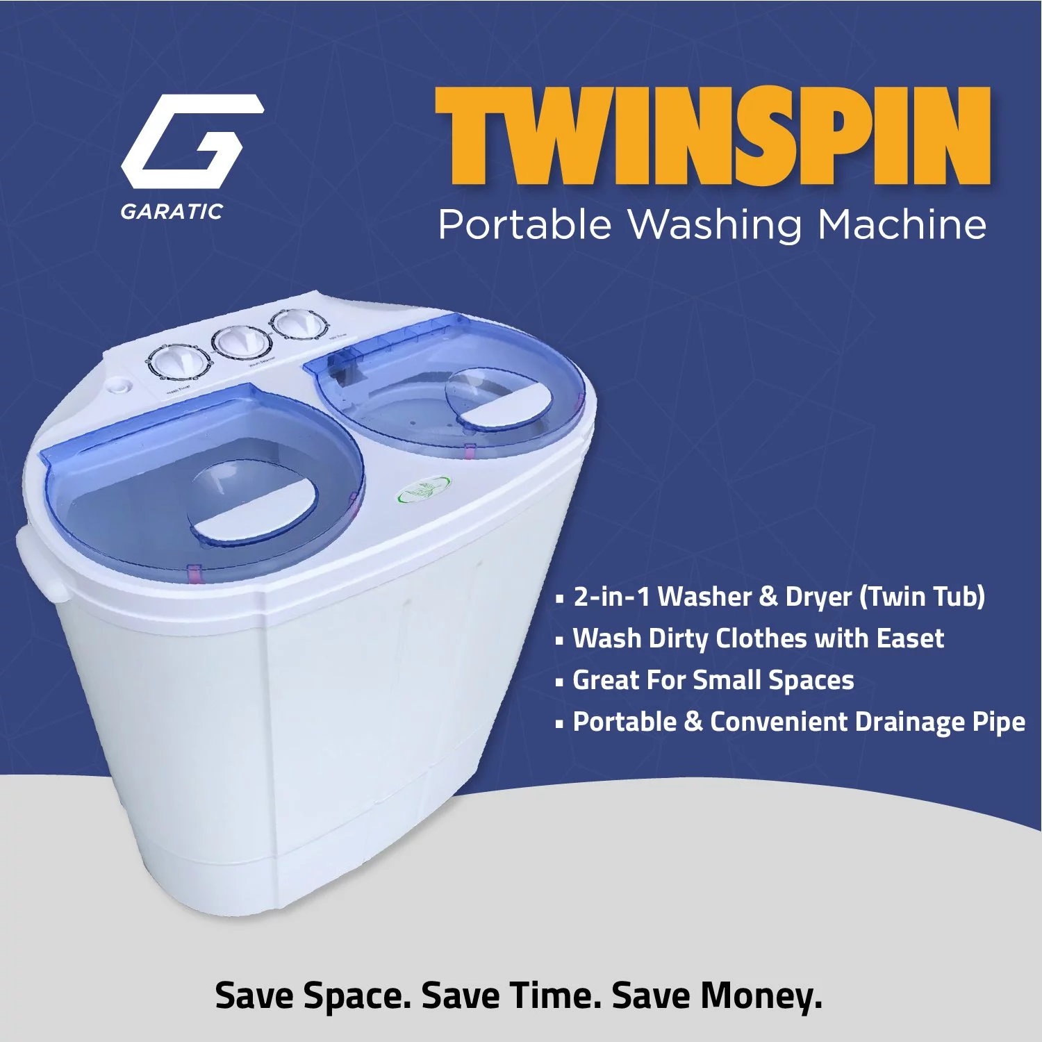 Garatic Portable Compact Mini Twin Tub Washing Machine w/Wash and Spin Cycle, Built-in Gravity Drain, 13lbs Capacity For Camping, Apartments, Dorms