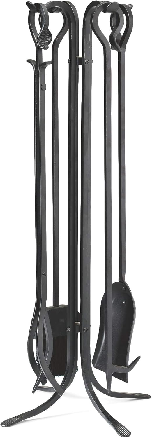 Plow & Hearth 5 Piece Hand Forged Iron Fireplace Tool Set with Poker, Tongs, Shovel, Broom, and Stand 7-in Diam. x 27.5 H Black