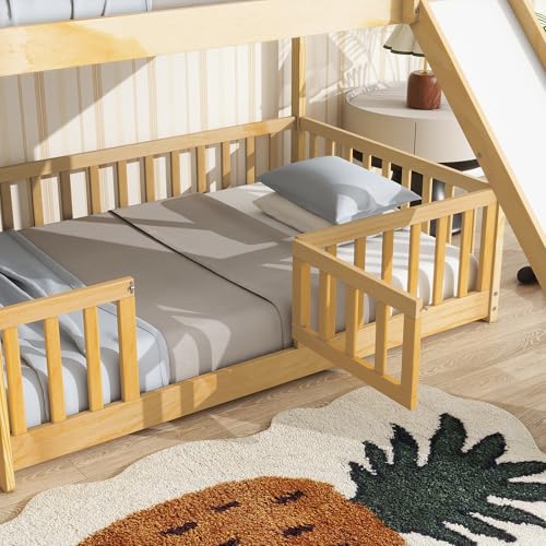 Bunk Beds Twin Over Full Size, Pine Solid Wooden Bunk Bed with Slide, Storage Staircase, Safety Guardrails for Kids, White