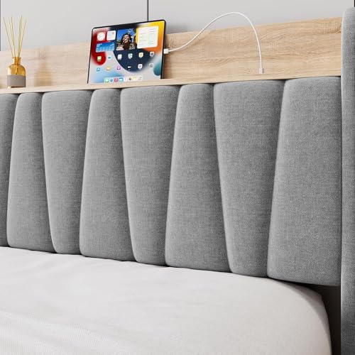 IDEALHOUSE Queen Size Bed Frame with Storage Headboard, Upholstered Platform Beds with Drawers, Charging Station, Noise-Free, No Box Spring Needed