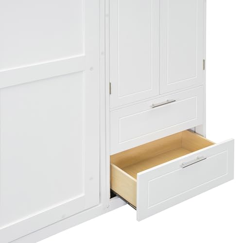 Queen Size Wall Murphy Bed with Desk, Top Cabinet and Storage Shelves, Wood Queen Murphy Hidden Wall Bed for Home Office or Small Room