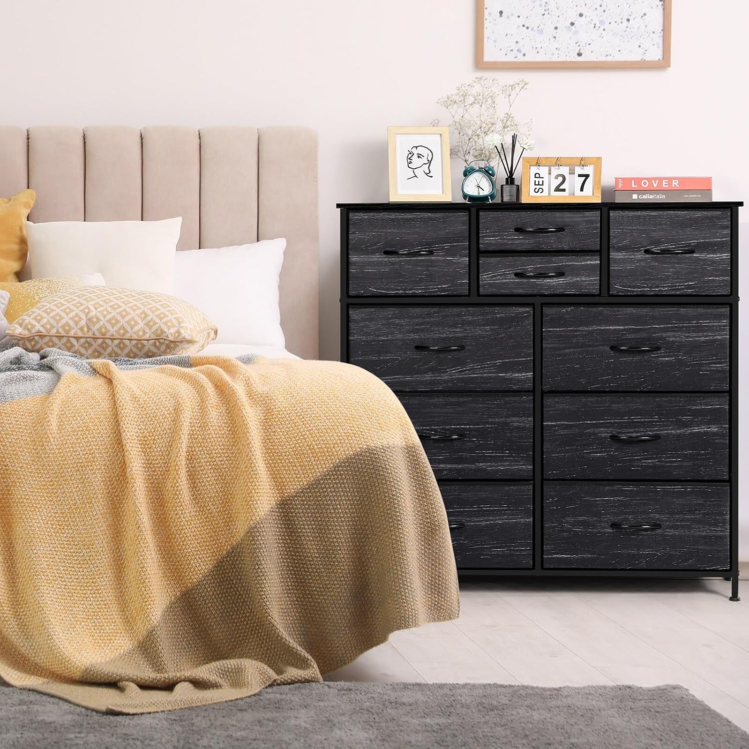 10 Drawers Dresser with Wood Top Steel Frame Black Fabric Metal
