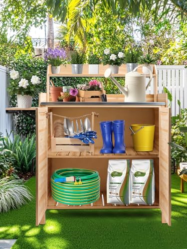 Kalolary Potting Bench for Outside Garden Potting Table with Storage Cabinet Foldable Shelf Multipurpose Garden Workstation Wooden Outdoor Potting