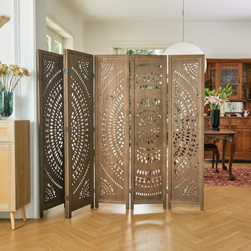 66.9Inch Folding Room Divider, 6 Panels Wood Carved Privacy Screens