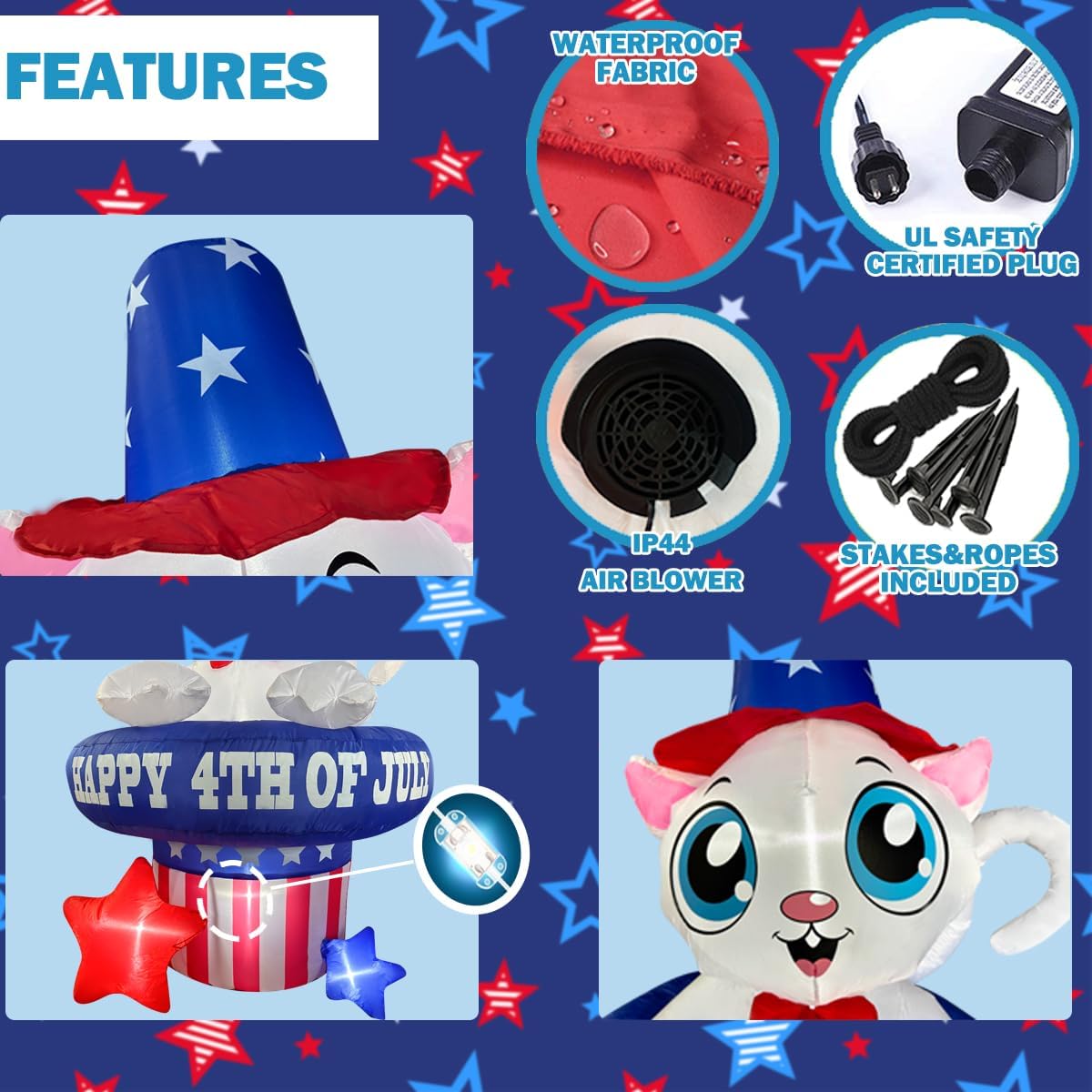 5 FT Patriotic Inflatable Cat 4th of July Inflatables Outdoor Decorations Build-in LED Lights Memorial Day Inflatables Fourth of July Decor for Party