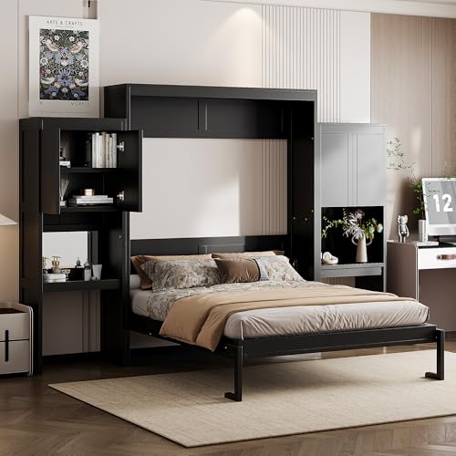 SOFTSEA Queen Size Murphy Bed with Desk and Storage, Wood Queen Wall Bed Frame with Vanity & Shelves, Space-Saving for Guest Room, Bedroom or Office