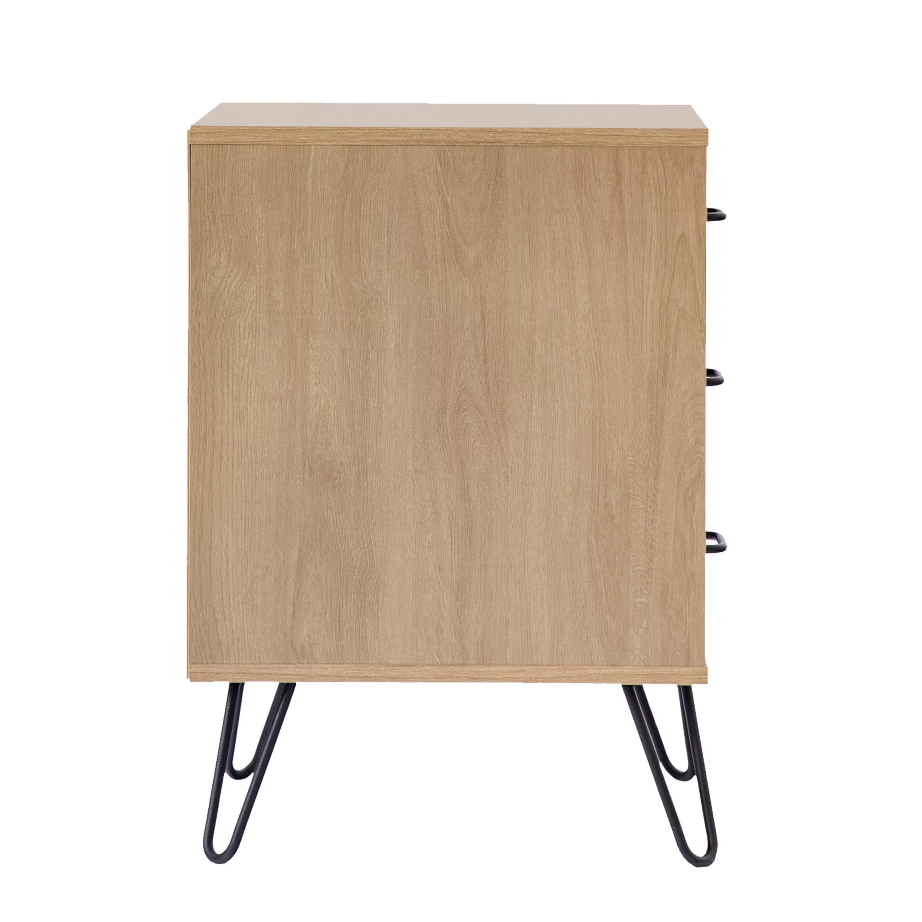 Harper 24 Inch Handcrafted Modern Tricolor Wood Nightstand, 3 Drawers, Metal Hairpin Legs, Oak, White, Gray