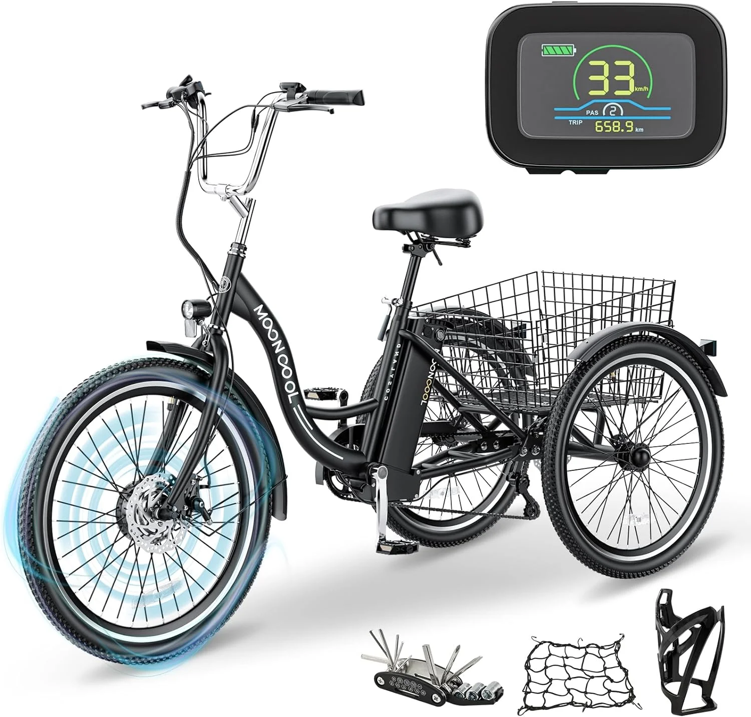 MOONCOOL 350W Motorized Electric Trike, 7 Speed 3 Wheel Electric Bicycle with 36V 14.5Ah Lithium Battery UL Certified