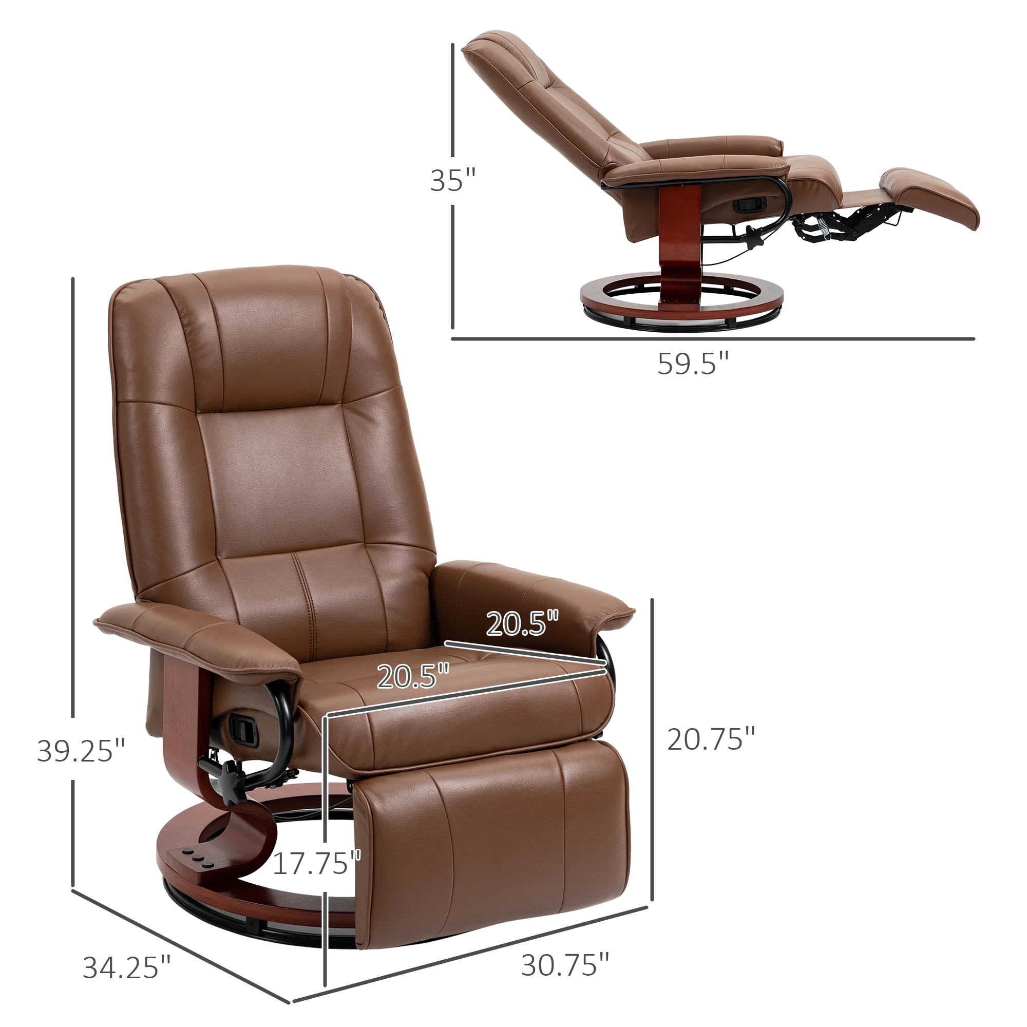 HOMCOM Faux Leather Manual Recliner with Swivel Wood Base, Brown
