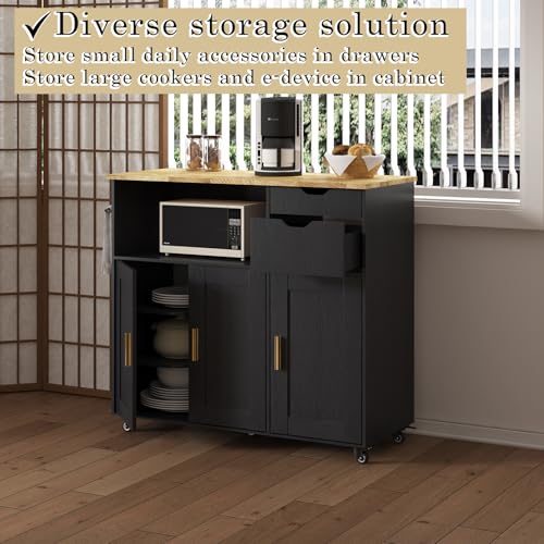 Rolling Mobile Kitchen Island Cart Bar with Drawer and Desktop Drop Leaf Countertop, Island Table Storage with 5 Wheels