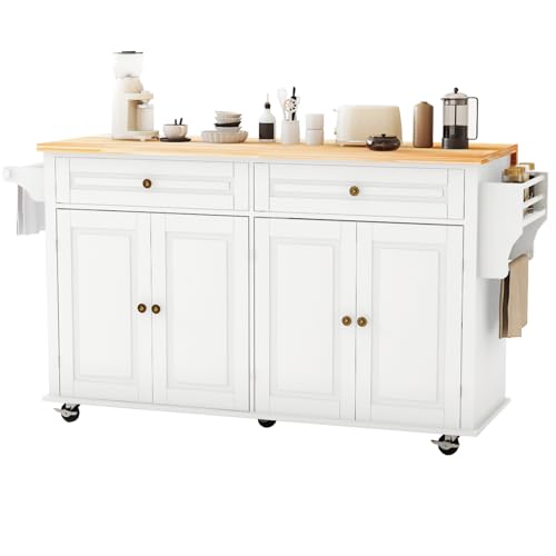 67’’ Movable Kitchen Island with Drop Leaf and Power Outlet, Lockable Sliding Countertop Rolling Island Cart with 2 Large Drawers, Spice, Towel Rack