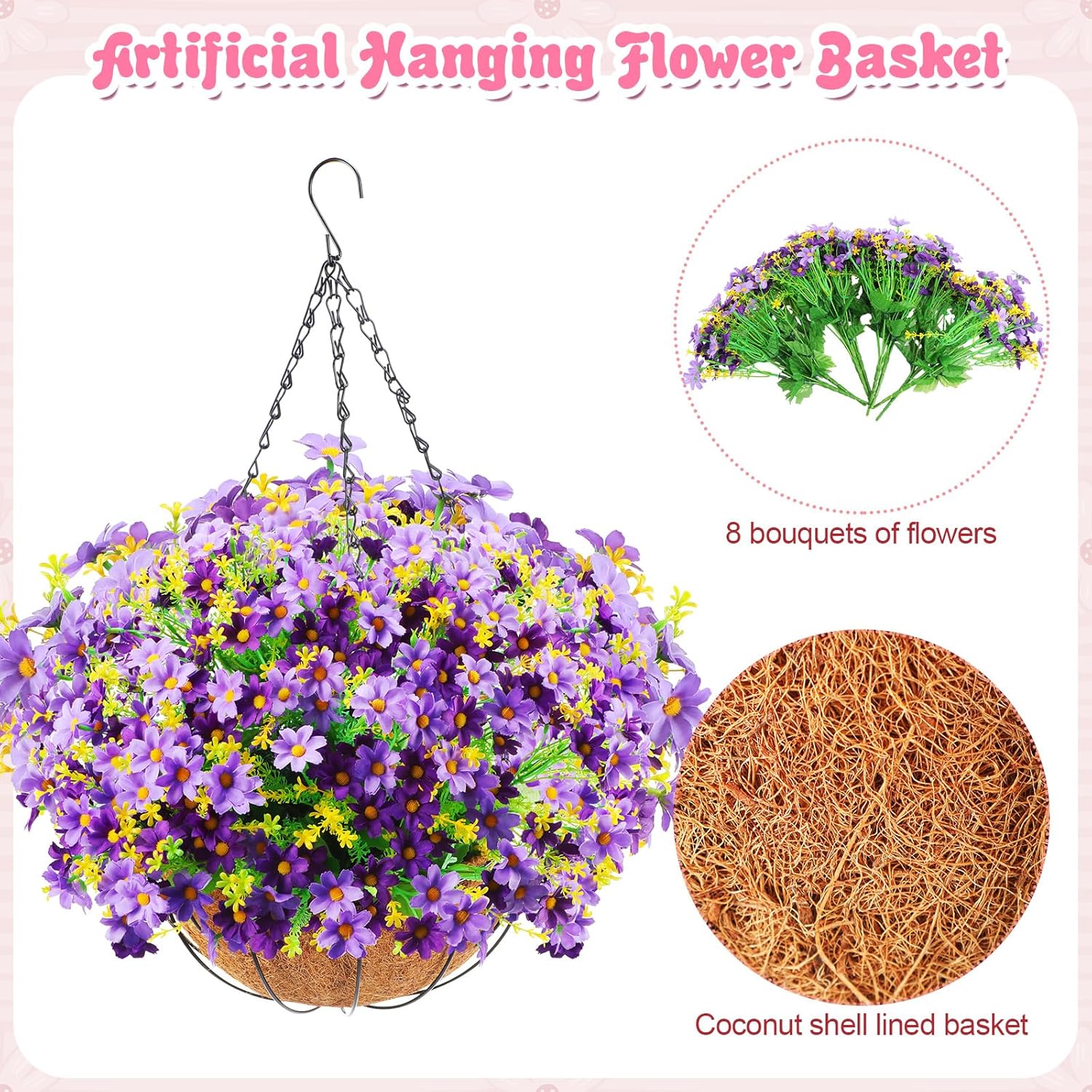 4 Pack Artificial Hanging Flowers in Basket Artificial Daisy Arrangement with 12 Inch Coconut Lining Realistic Artificial Hanging Plants for Outdoor