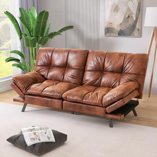 71" Convertible Futon Sofa,Faux Leather Futon Couch Bed,Sleeper Sofa Bed,Memory Foam Modern Folding Small Loveseat for Living Room,Office,Apartment