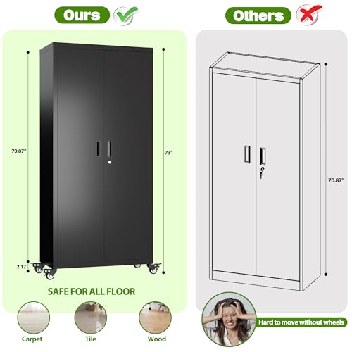 71" Metal Storage Cabinet with Wheels and Pegboard, Lockable Rolling Steel Storage Cabinet with 5 Adjustable Shelves and Door for Garage, Office