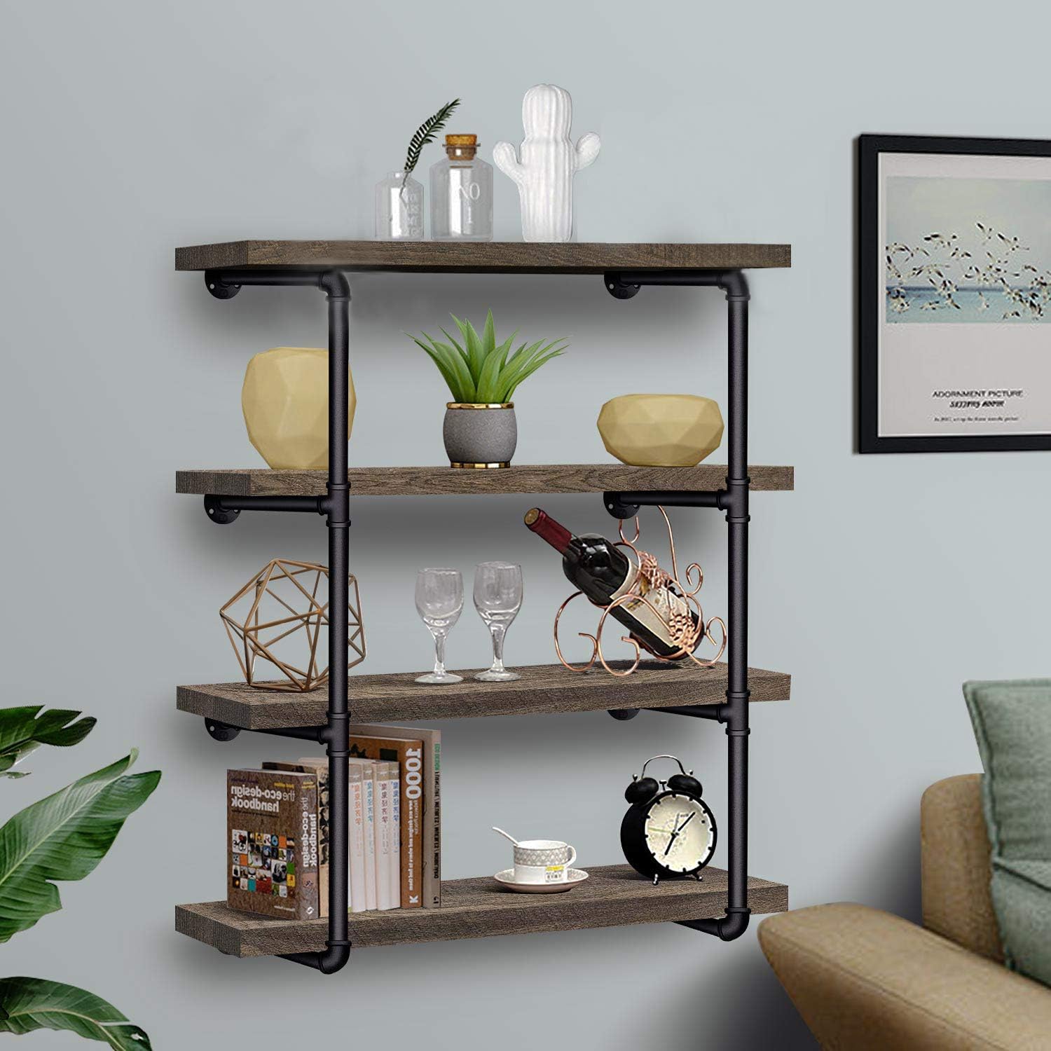 3/4 Inches Malleable Cast Iron Pipe 2 PCS 4 Tier. Vintage Industrial Wall Mount Bookshelf Shelving Unit, DIY Open Bookshelf, Shelf Shelves
