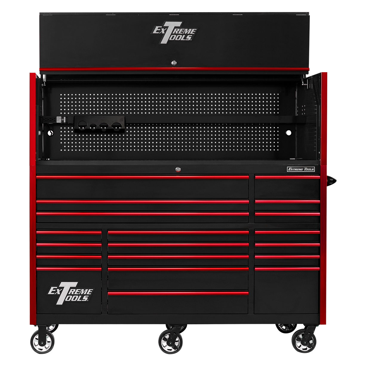 used toolboxExtreme Tools 72in. x 30in. 19 Drawers Triple Bank Roller Cabinet and Power Workstation Hutch Combo
