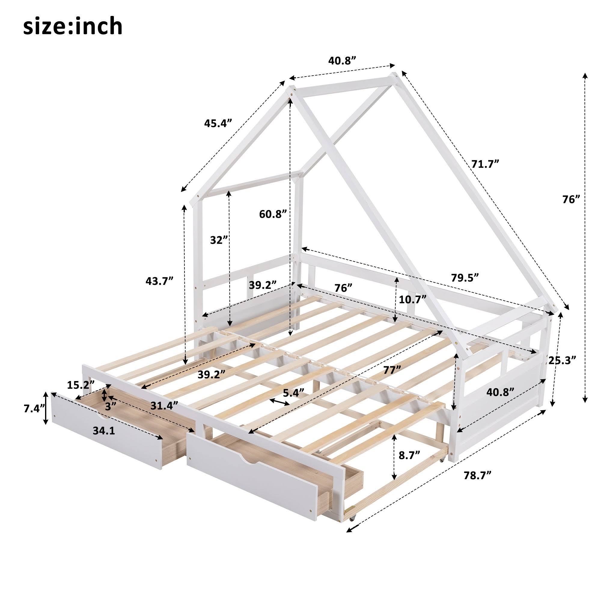 Twin-King Wooden House Extending Daybed with Two Drawers, Pine, White - Espresso