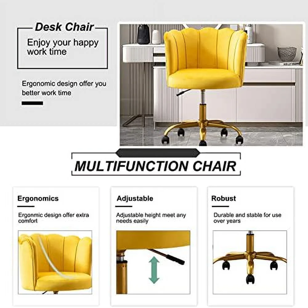 TJUNBOLIFE Velvet Desk Chair  Modern Upholstered Home Office Computer Chair with Gold Base  Elegant Vanity Chair Cute Swivel Chair for Womens Girls