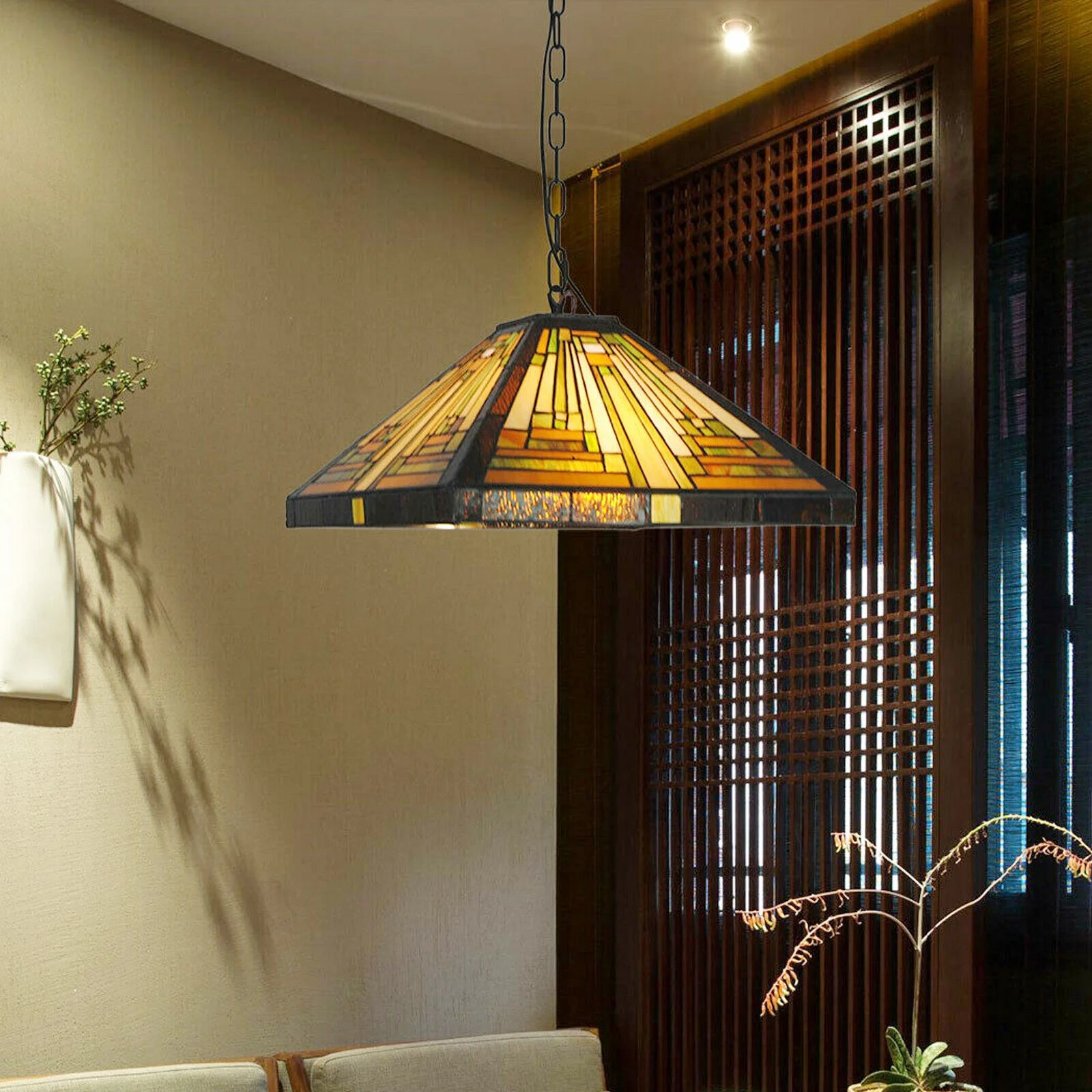 Vintage Stained Glass Pendant Lamp Tiffany Style Ceiling Fixture Hanging Light Wall Control
