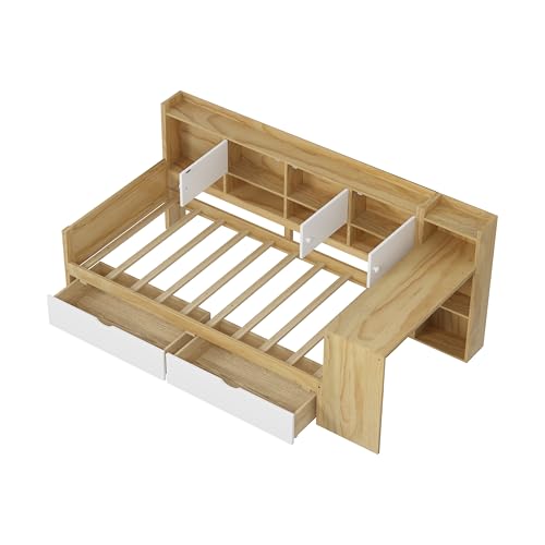 Corner Twin Bed Frame with Bookcase Storage and Desk, Wood Day Beds with 2 Drawers, Twin Size Daybed with Storage for Living Room