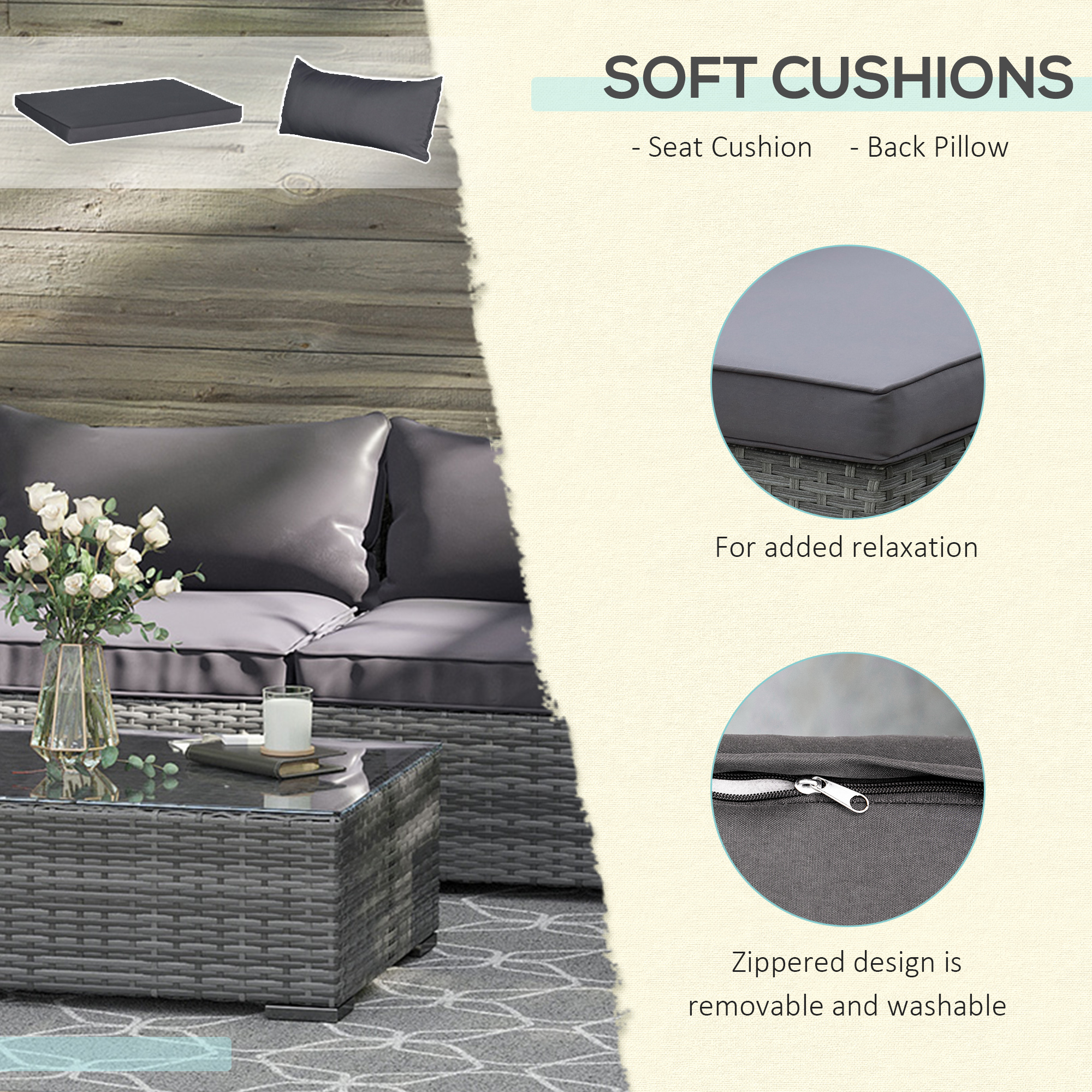 Outsunny Patio Furniture Set, 8 Pieces, Sectional Sofa, All Weather PE Rattan Conversation Set, Tempered Glass Table, 6 Seats, Ottoman Footstool