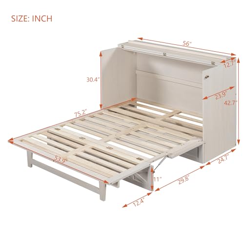 Merax Full Size Murphy Bed, Wooden Full Murphy Cabinet Bed Frame with Large Drawers and USB Ports, Brushed White