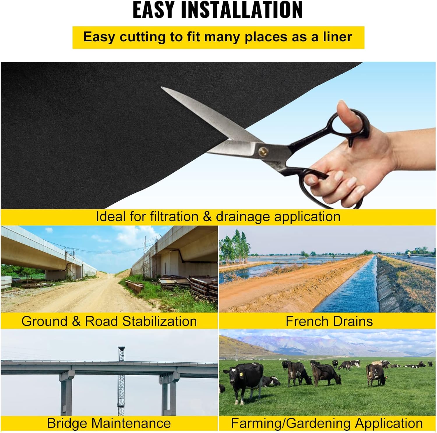 VEVOR Garden Weed Barrier Fabric, 8OZ Heavy Duty Geotextile Landscape Fabric, 6ft x 50ft Non-Woven Weed Block Gardening Mat for Ground Cover
