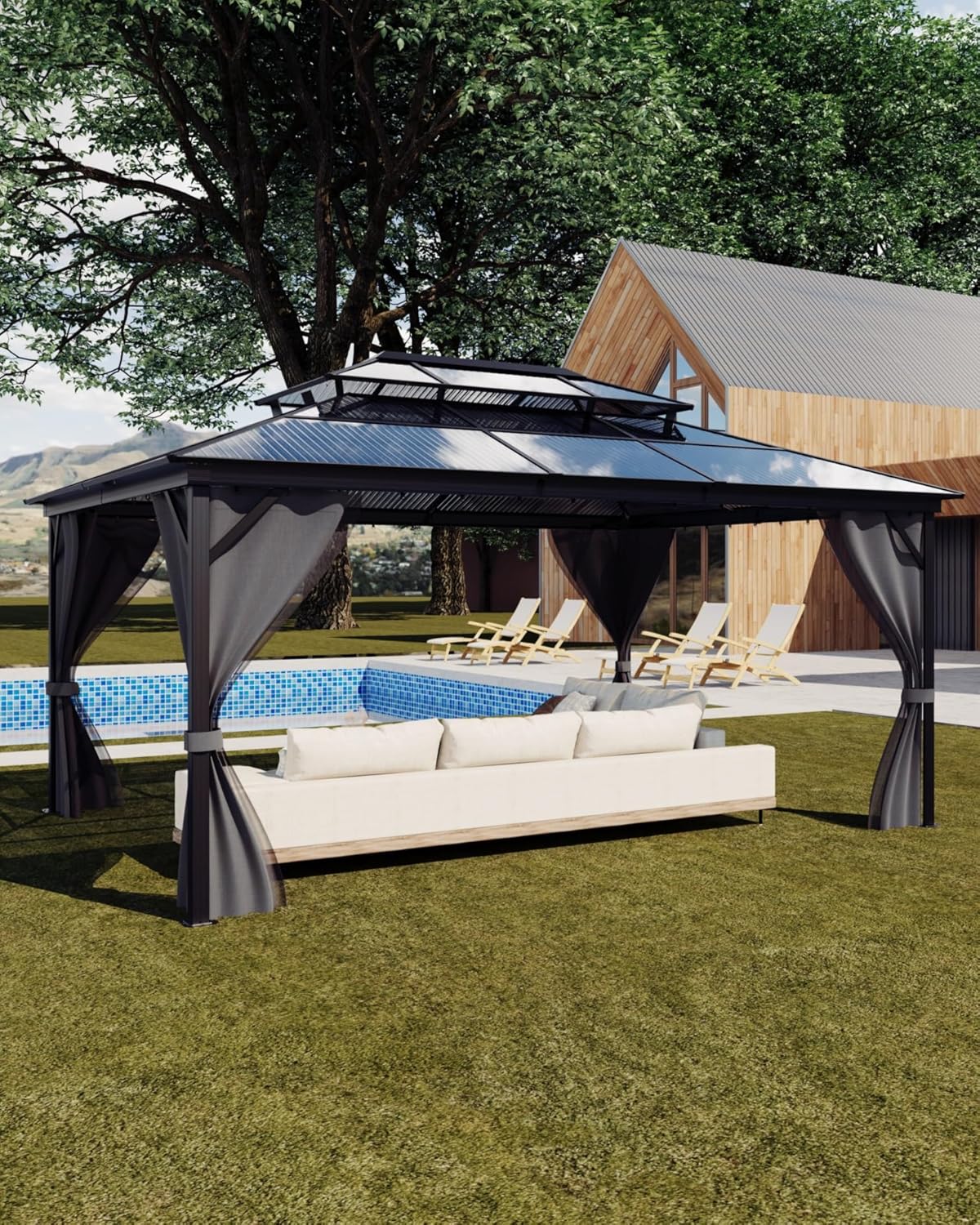 Hardtop Gazebo 10'x12' for All Weather, Double Polycarbonate Sheets Roof, Aluminum Alloy Frame, Net, and Curtain, Permanent Building for Patio, Deck