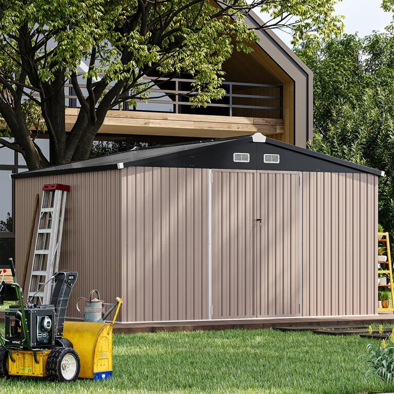 GVDV 10X12 FT Outdoor Storage Shed, Durable Metal Outside Storage for Garden, Patio and Backyard, Waterproof Shelter for Tools, Equipment