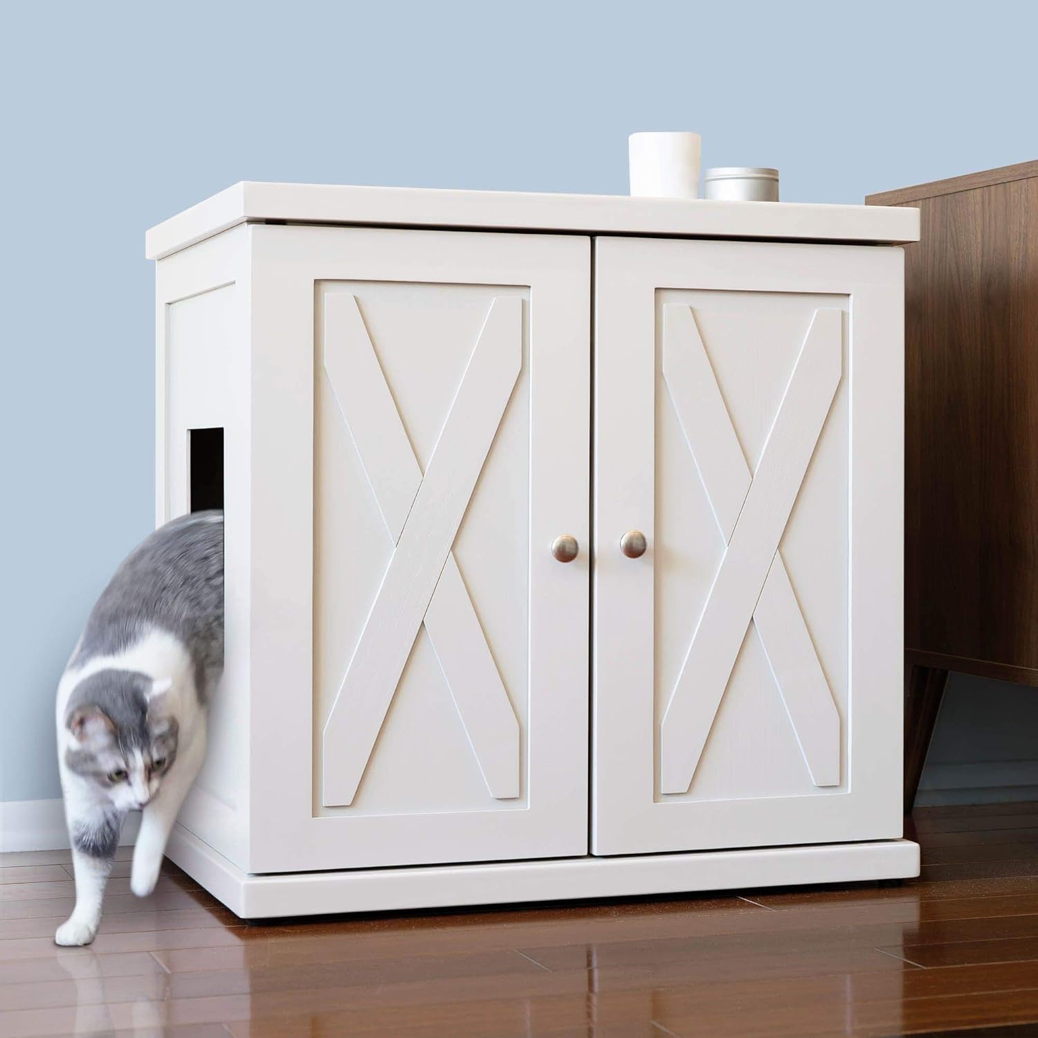THE REFINED FELINE Cat Litter Box Enclosure Cabinet, Hidden Litter Tray Cat Furniture, Large, Farmhouse Style, White Color
