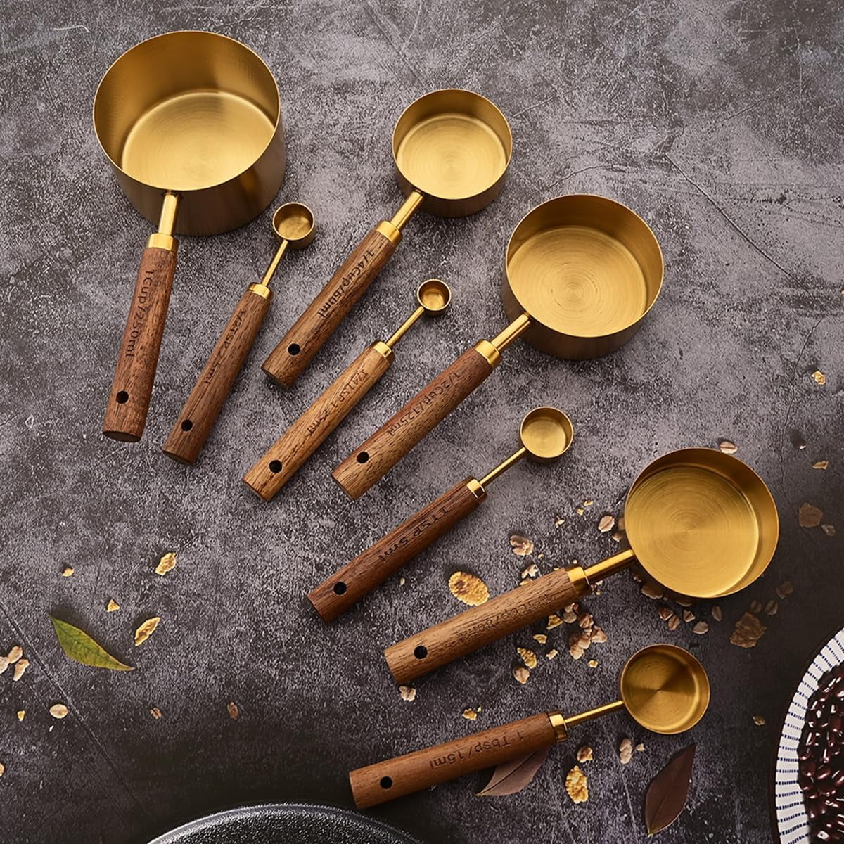 8 pieces Golden Measuring Cups Set and Measuring Spoons Set with Scale, Wooden Handle Stainless Steel Dry &amp