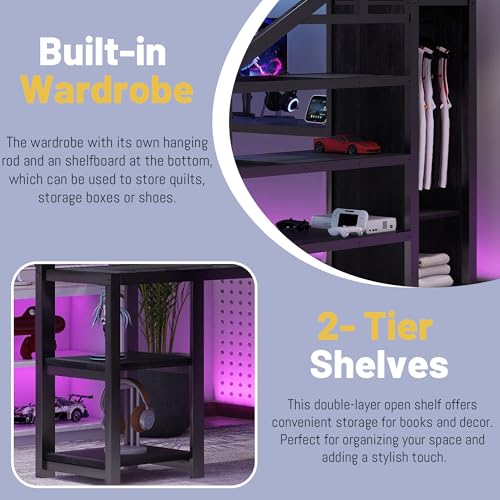Full Size Loft Bed with Desk,Metal Heavy Duty Full Loft Bed with Stairs,Wardrobe and Shelves