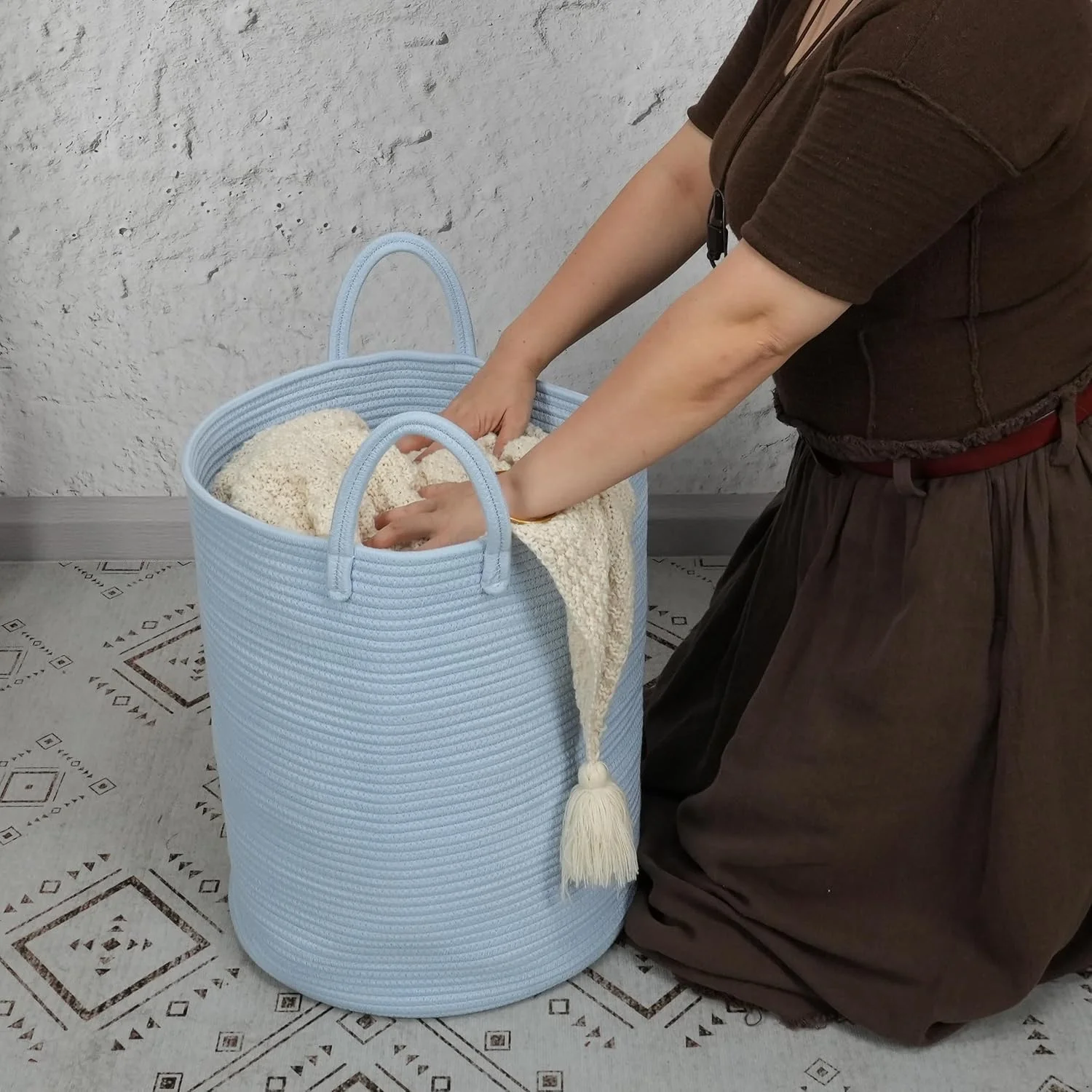WarmHaven Rope Laundry Basket Hamper for Kids Girl Woven Storage Basket for Living Room Bedroom Boho Tall Baskets for Blanket Toys Pillow Towels Baby