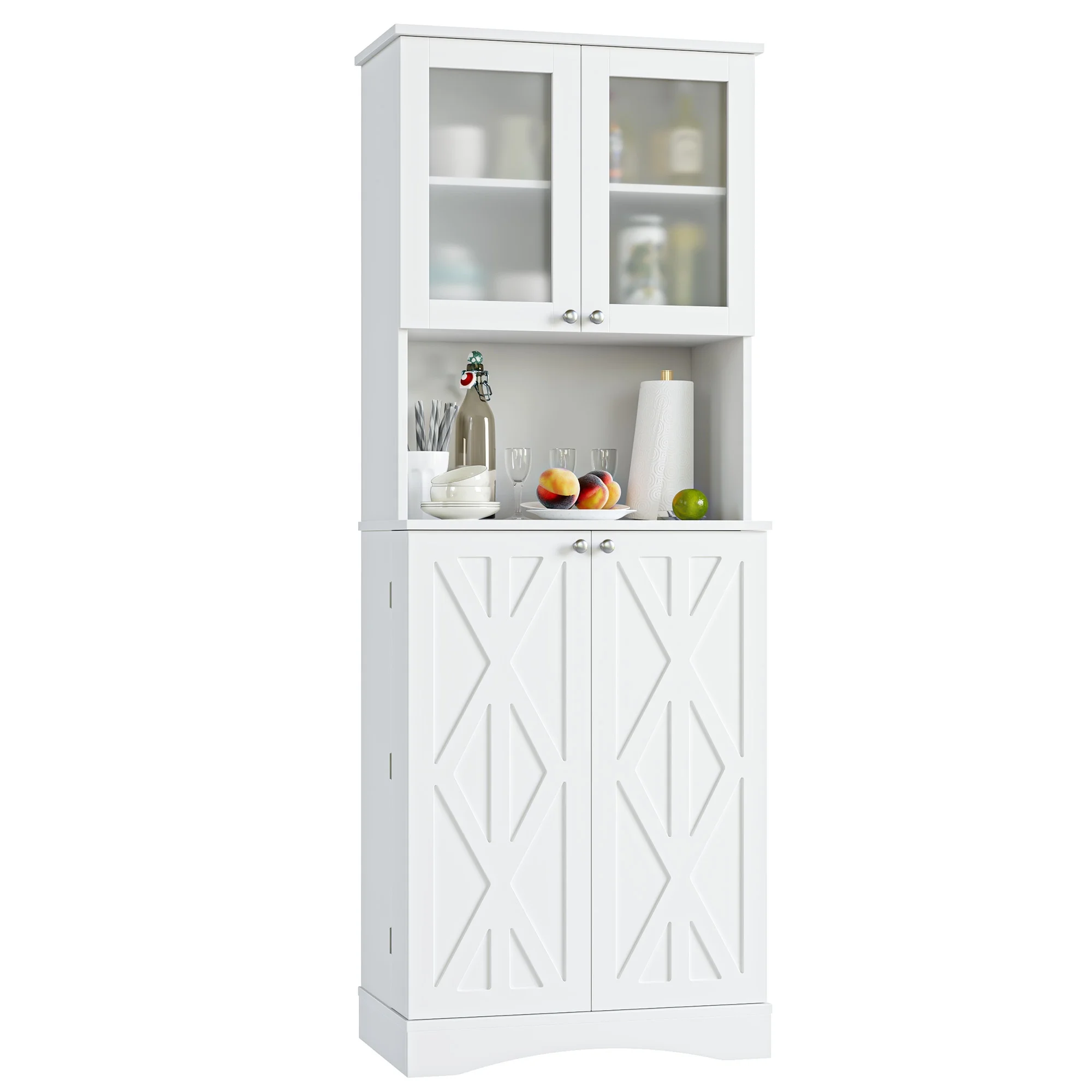 Homfa 63'' Food Pantry Cabinet, 4 Doors Kitchen Storage Cabinet with Adjustable Shelves, Microwave Cabinet for Dining Room, White