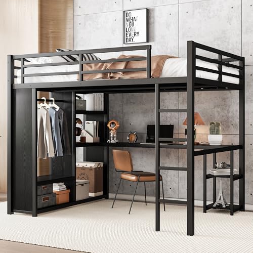 Queen Size Modern Metal Loft Bed with Wardrobe and L-Shaped Desk,Storage Cubes and Shelves,for Kids Teens Adults Bedroom Use (Black#h, Queen)
