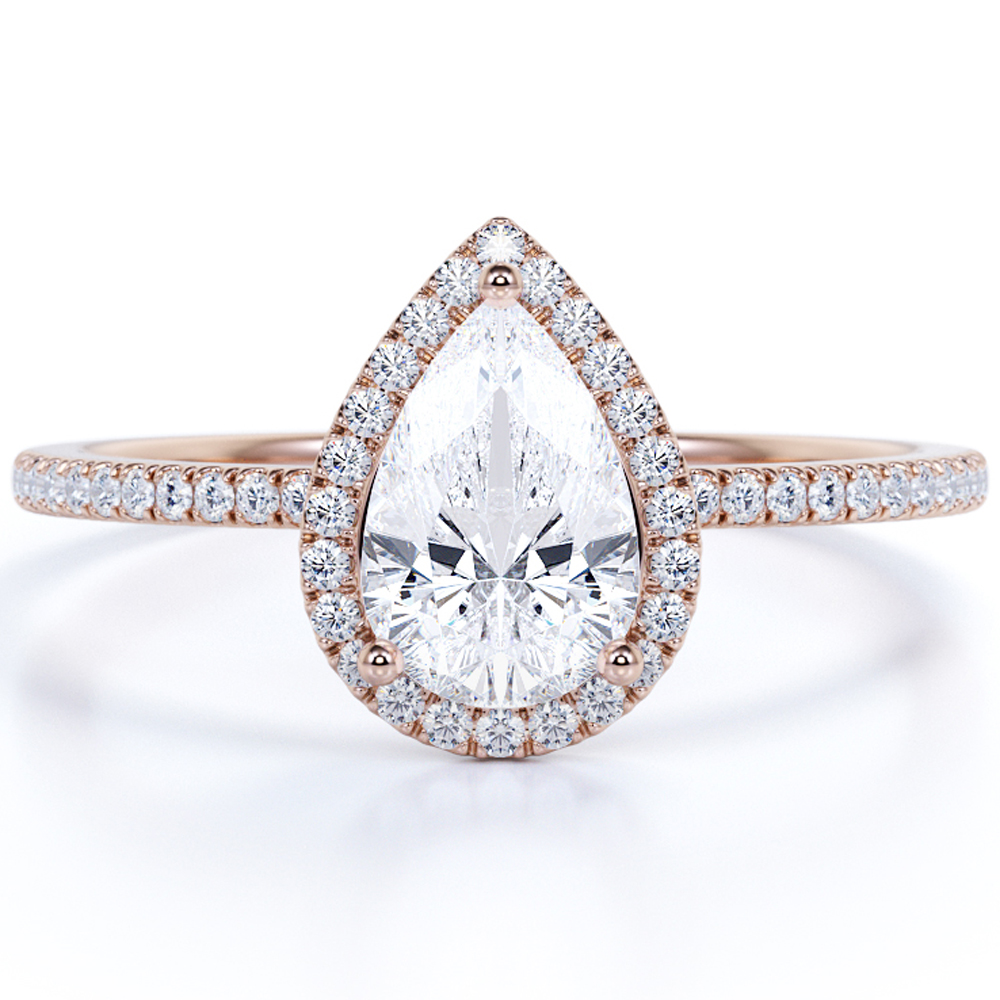 JeenMata Antique Vintage 1.75 Carat Pear cut Artdeco Halo Engagement Ring with Moissanite for Her in 18k Rose Gold Over Silver