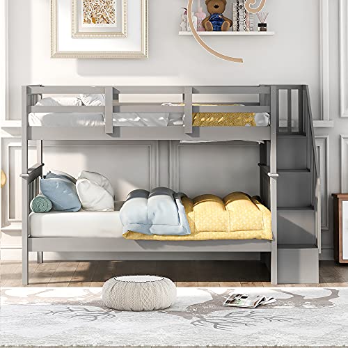 Ball & Cast Full Over Full Bunk Bed with Twin Size Trundle and Built in 4 Drawer,Wood Bunkbed w/Storage Ladder & Slat Support