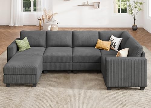 HONBAY Corduroy Modular Sectional Couch with Storage L-Shaped Sectional Couches for Living Room 6 Seater Modular Sofa, Dark Gray
