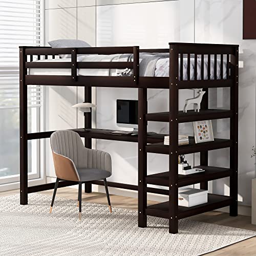 Harper & Bright Designs Full Loft Bed with Desk and Wardrobe,Solid Wood Loft Bed Frame Full with Storage Drawers for Kids Teens Adults
